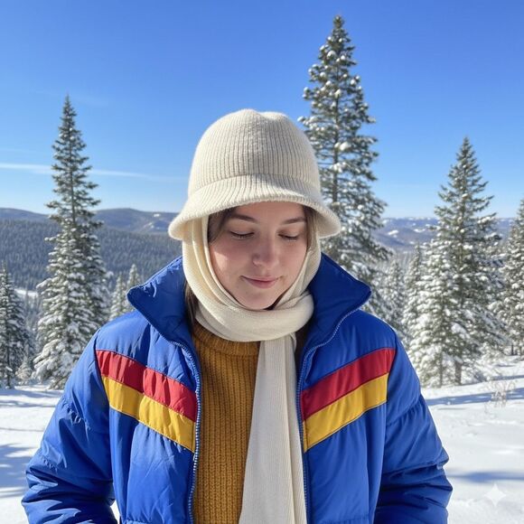 Vintage 70s Eddie Bauer Wool Balaclava Scarf Hat Combo Ivory Ski hat - Picture 1 of 10